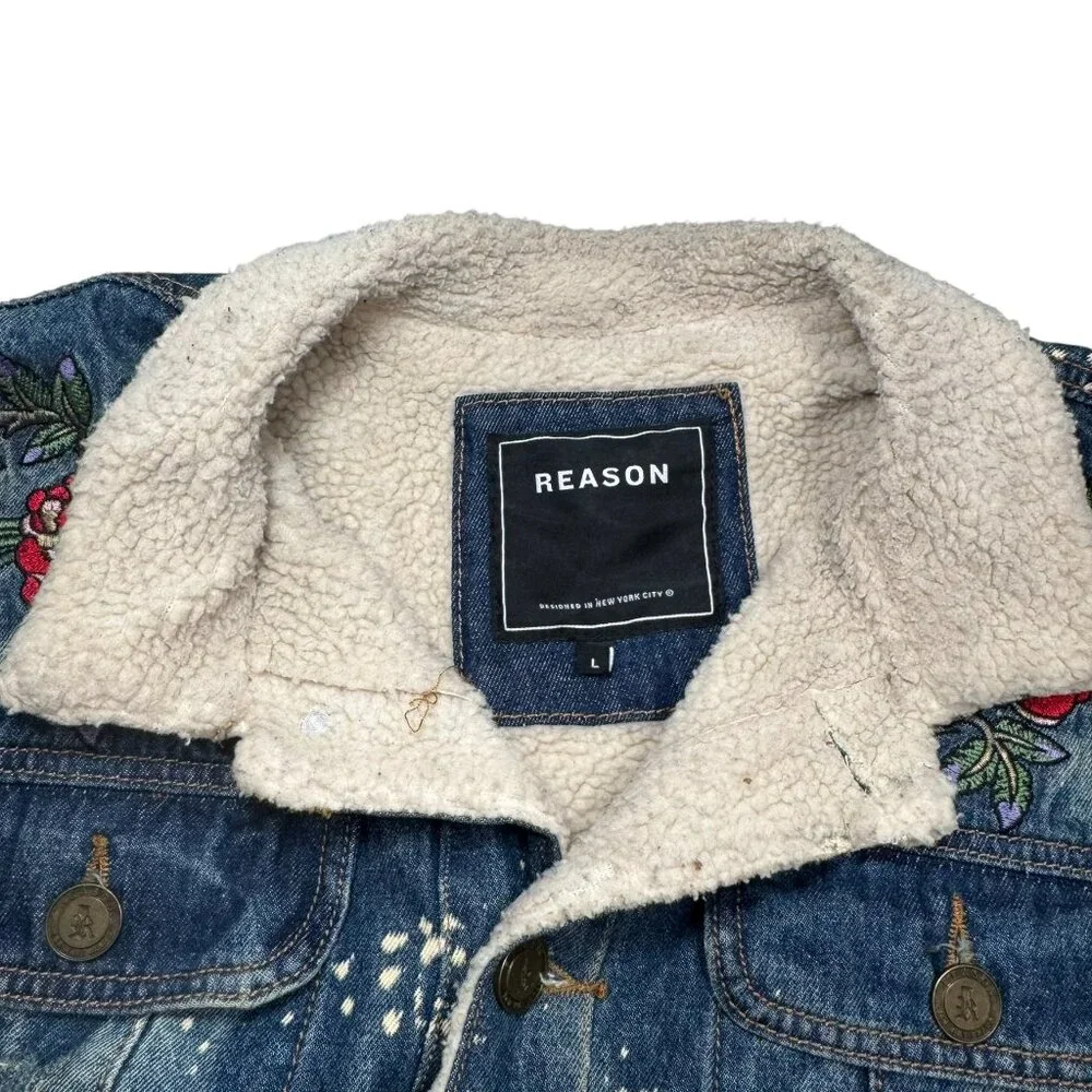 Reason Denim Sherpa Trucker Jacket Death Before Dishonor Embroidered Tattoo sz L
